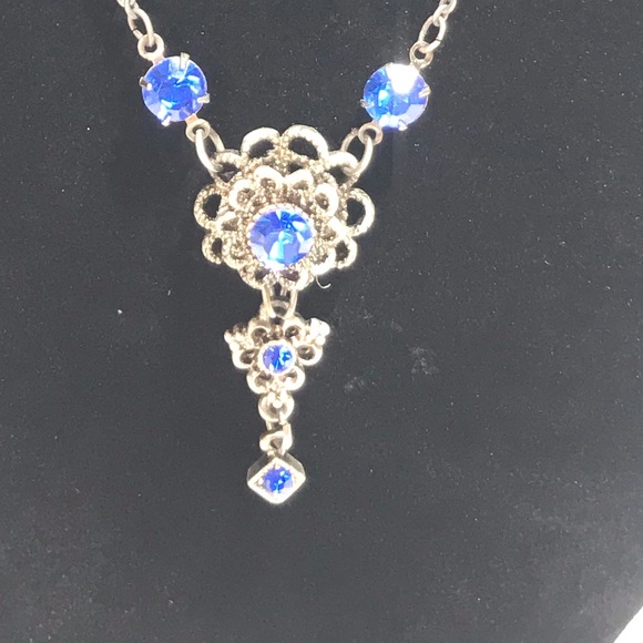 Retro Cobalt Blue Silver Tone Metal Floral Victorian Style Bridal Necklace - Picture 6 of 8